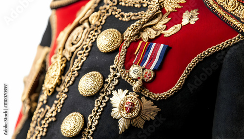 A detailed view of a ceremonial military uniform with ornate decorations and medals.