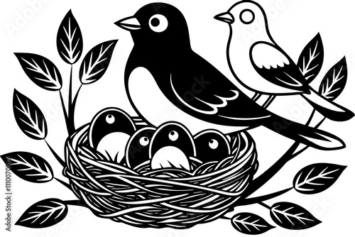 Bird family in nest vector art illustration