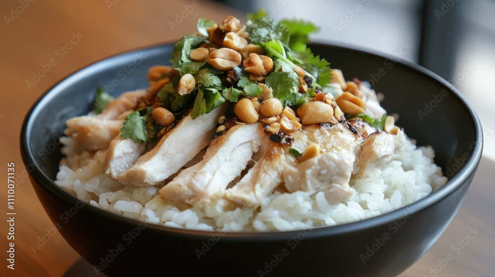 Delicious Bowl of Chicken Rice with Peanuts and Fresh Herbs Delicious Bowl of Chicken Rice with Peanuts and Fresh Herbs