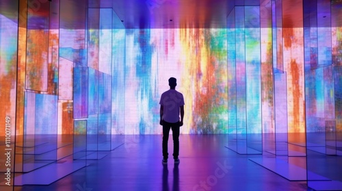 Man Admiring a Colorful Light Display