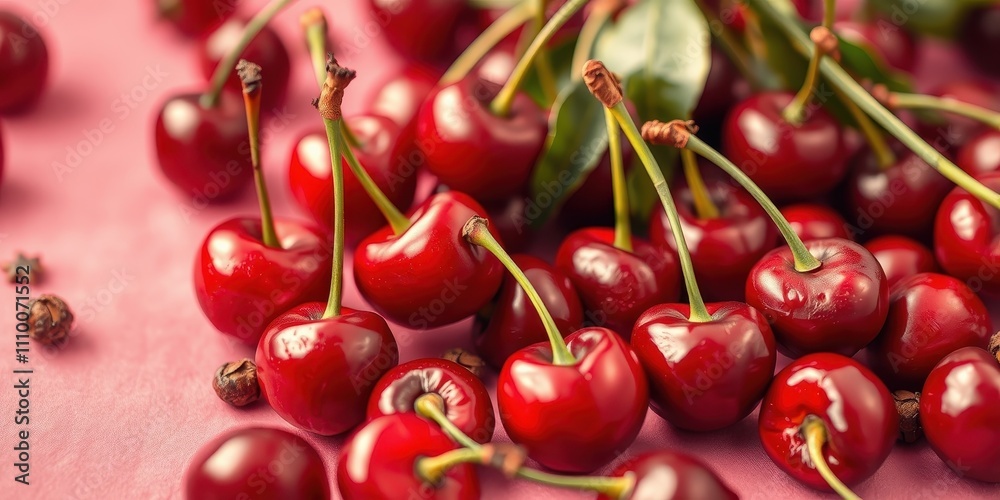 A vibrant and fresh spread of ripe red cherries with stems and leaves scattered across a soft pink background. A vibrant and fresh spread of ripe red cherries with stems and leaves scattered across a soft pink background.