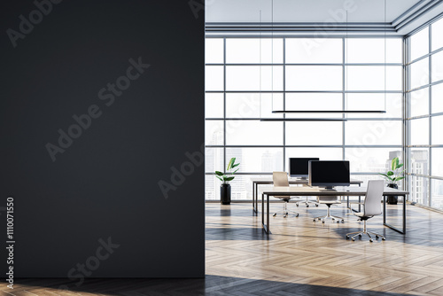 Fototapeta Naklejka Na Ścianę i Meble -  Modern office interior with large windows, desks, chairs, and city view. Empty space with black wall for branding or mockup. 3D Rendering
