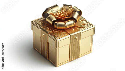 Golden gift box decotated with ribbon Realistic side, front and top view, isolated on white background photo