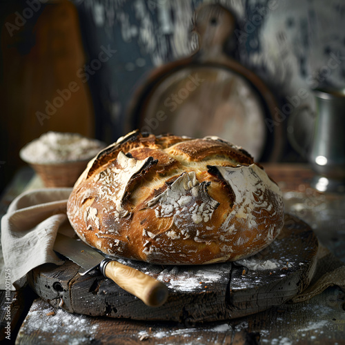 Crusty Sourdough Loaf on Weathered Wooden Surface.  photo