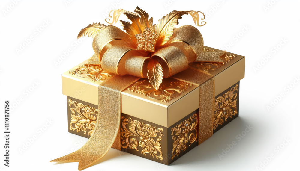 Golden gift box decotated with ribbon Realistic side, front and top view, isolated on white background Golden gift box decotated with ribbon Realistic side, front and top view, isolated on white background