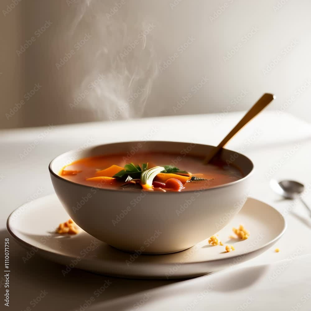 A steaming bowl of tomato vegetable soup A steaming bowl of tomato vegetable soup
