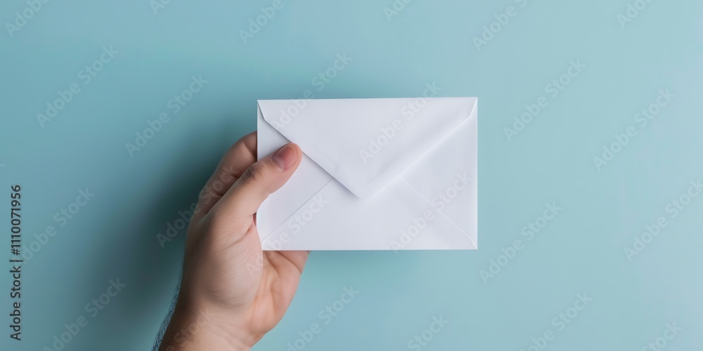 A hand holding a white envelope against a light blue background, symbolizing communication and correspondence. A hand holding a white envelope against a light blue background, symbolizing communication and correspondence.