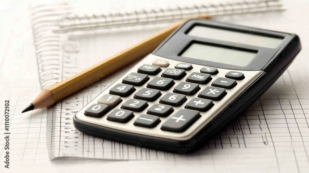 Calculator and Pencil on Notepad with Graph Paper Background Calculator and Pencil on Notepad with Graph Paper Background