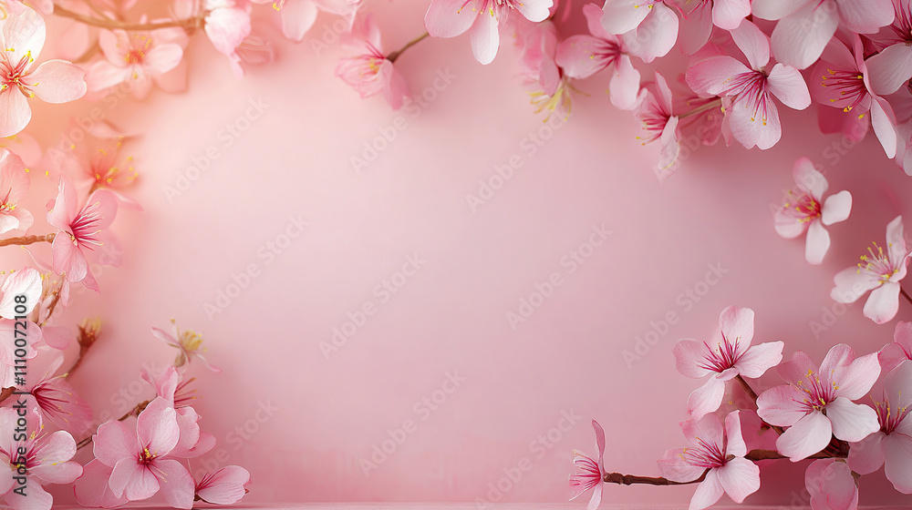 Obraz premium Pink background with pink cherry blossoms on the edges, pink background with peach blossom decoratio