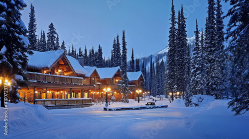 Wallpaper Mural Beautiful view of Emerald Lake with wooden lodge glowing and snowfall in pine forest on winter at Yoho national park, Alberta, Canada Torontodigital.ca