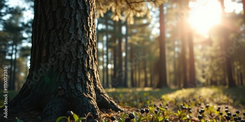 A solitary tree trunk stands tall in a serene forest setting, bathed in the warm glow of the setting sun, its rough bark a testament to time and the surrounding nature. photo