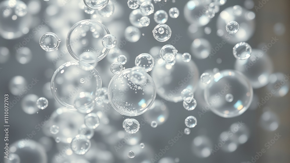 A delicate ballet of transparent spheres, suspended in a soft grey ambiance, each reflecting light with an ethereal glow. A delicate ballet of transparent spheres, suspended in a soft grey ambiance, each reflecting light with an ethereal glow.