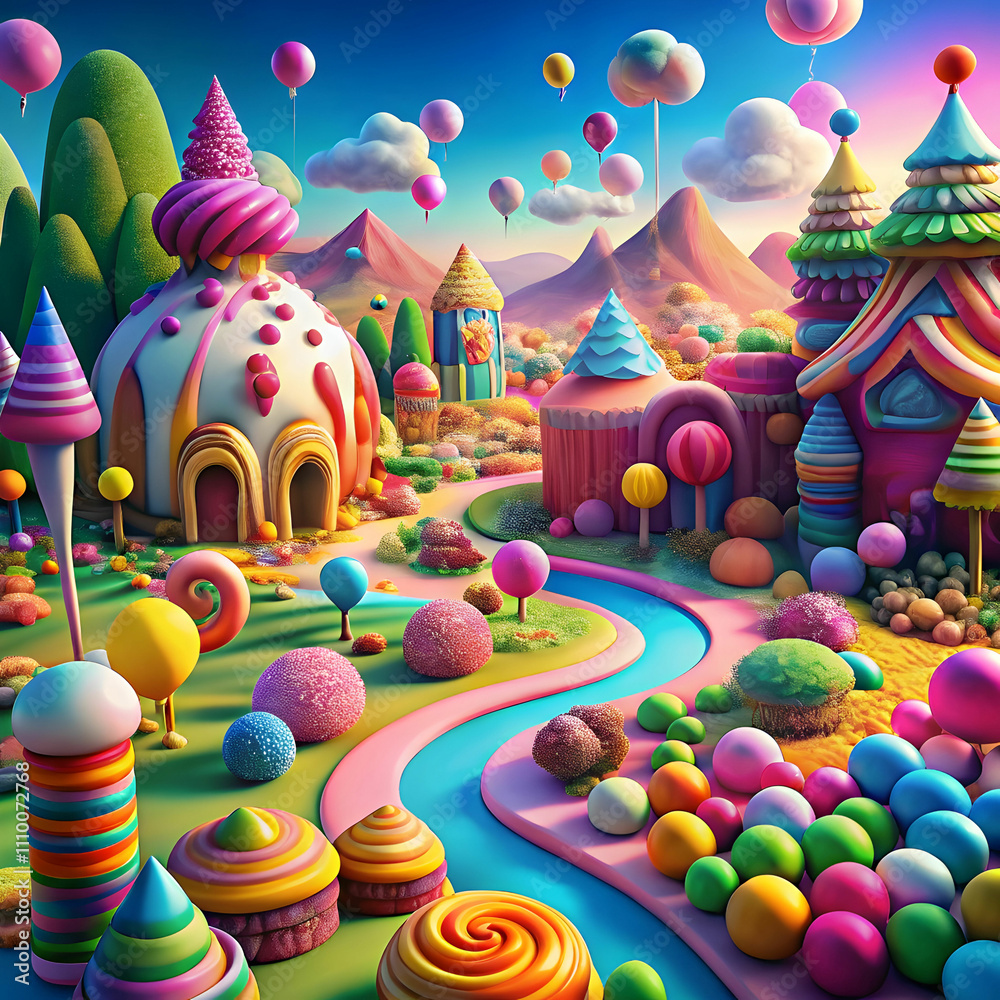 A whimsical Candyland world, filled with candy-shaped trees, chocolate rivers,