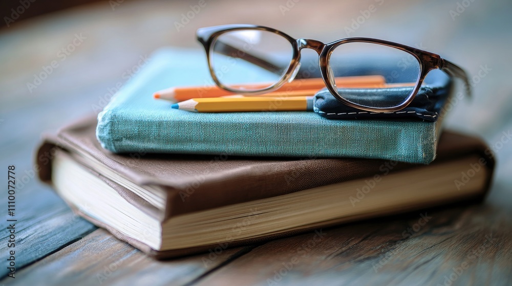 Colorful Pencils and Glasses Resting on Stack of Books Colorful Pencils and Glasses Resting on Stack of Books