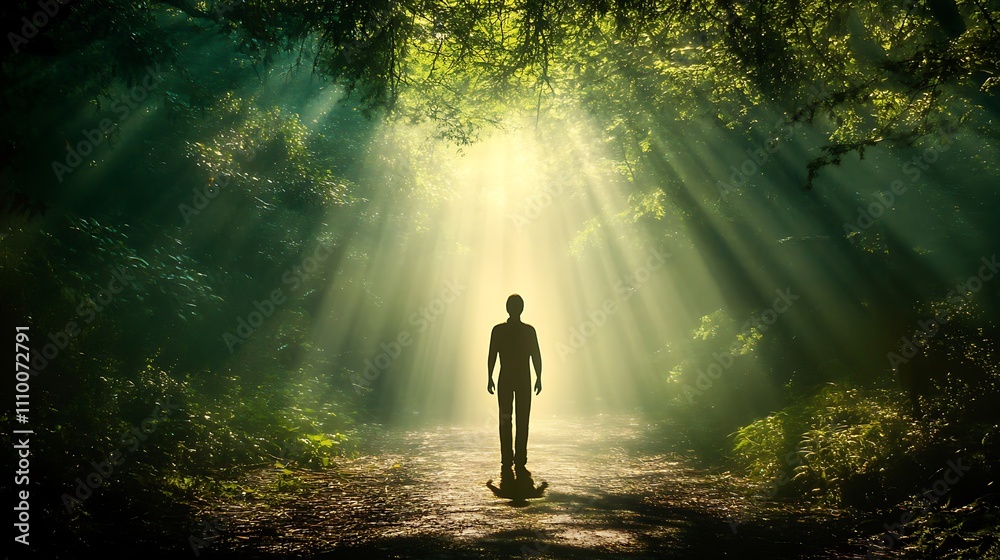 Fototapeta premium Silhouetted person walking towards a bright light in a forest.