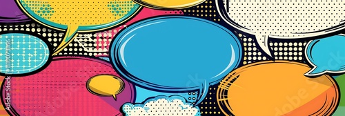 A vibrant collection of speech bubbles in various colors, set against a dotted background, perfect for comic art and communication themes. photo