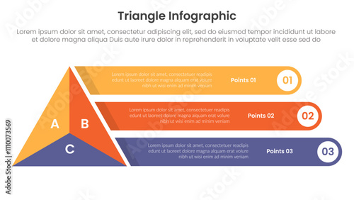 triangle base shape infographic template banner with big triangle with long round rectangle stack with 3 point for slide presentation