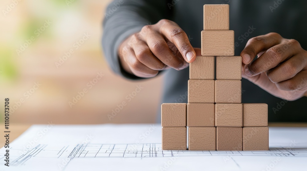 Business planning is the foundation of success, like a hand placing each building block with precision Concept, Hands Balancing a Stack of Wooden Blocks on a Blueprint Background Business planning is the foundation of success, like a hand placing each building block with precision Concept, Hands Balancing a Stack of Wooden Blocks on a Blueprint Background