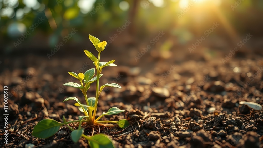 A single green sprout pushing through rich soil with a blurred background of golden sunlight shining through trees. A single green sprout pushing through rich soil with a blurred background of golden sunlight shining through trees.