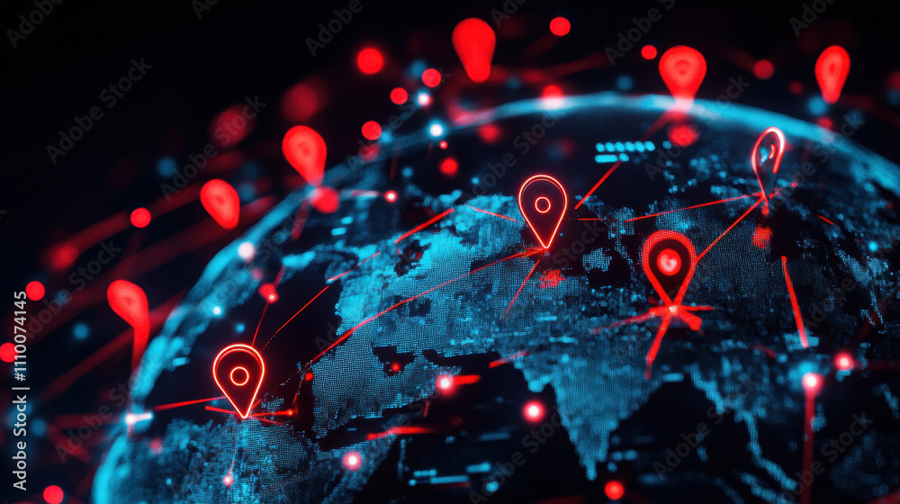 3D globe with red pins marking locations around the world 3D globe with red pins marking locations around the world