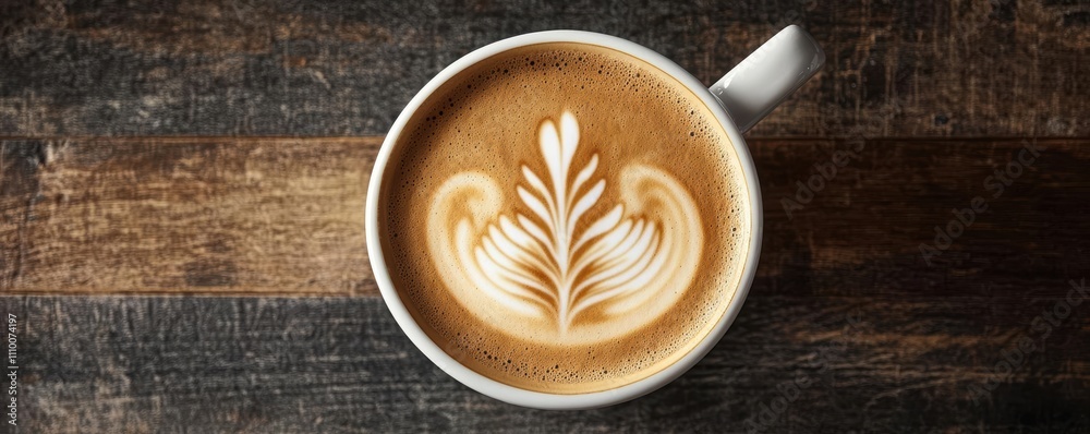 Delicious coffee latte with artistic foam design on wooden table. Delicious coffee latte with artistic foam design on wooden table.