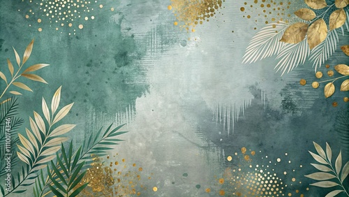 Elegant Green and Gold Botanical Background Design Featuring Tropical Foliage and Abstract Textures