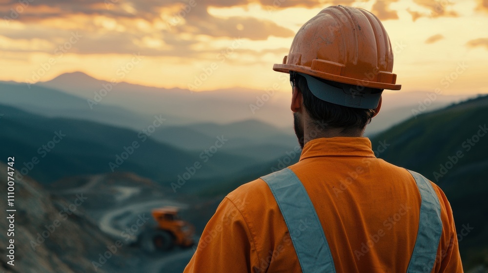 A worker in an orange safety jacket and helmet gazes at a scenic mountain landscape during sunset, reflecting on the day A worker in an orange safety jacket and helmet gazes at a scenic mountain landscape during sunset, reflecting on the day