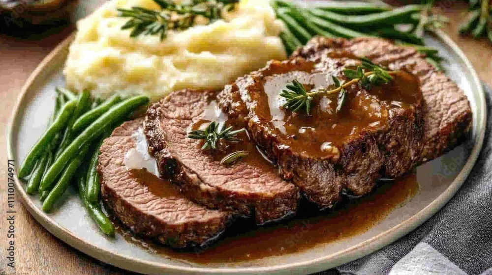Deliciously Cooked Beef Roast with Mashed Potatoes and Green Beans Deliciously Cooked Beef Roast with Mashed Potatoes and Green Beans