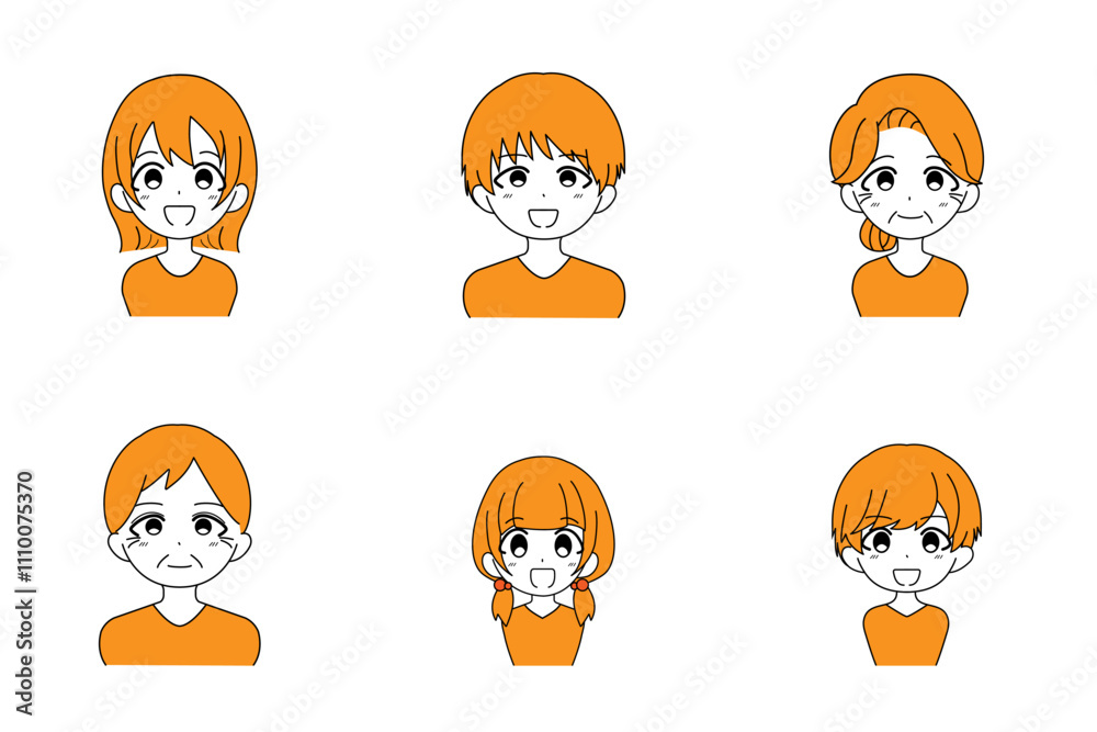 老若男女の正面のイラスト,オレンジ