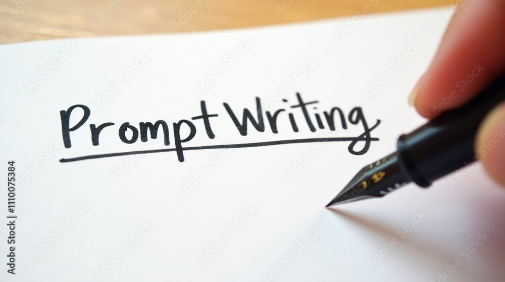 Close-Up of Fountain Pen Writing 'Prompt Writing' on Paper Close-Up of Fountain Pen Writing 'Prompt Writing' on Paper