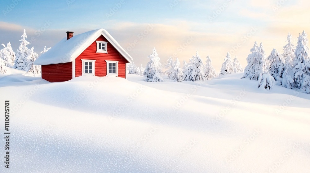 Nordic house landscape concept. A cozy red cabin nestled in a snowy landscape, surrounded by evergreen trees under a soft, pastel sky. Nordic house landscape concept. A cozy red cabin nestled in a snowy landscape, surrounded by evergreen trees under a soft, pastel sky.