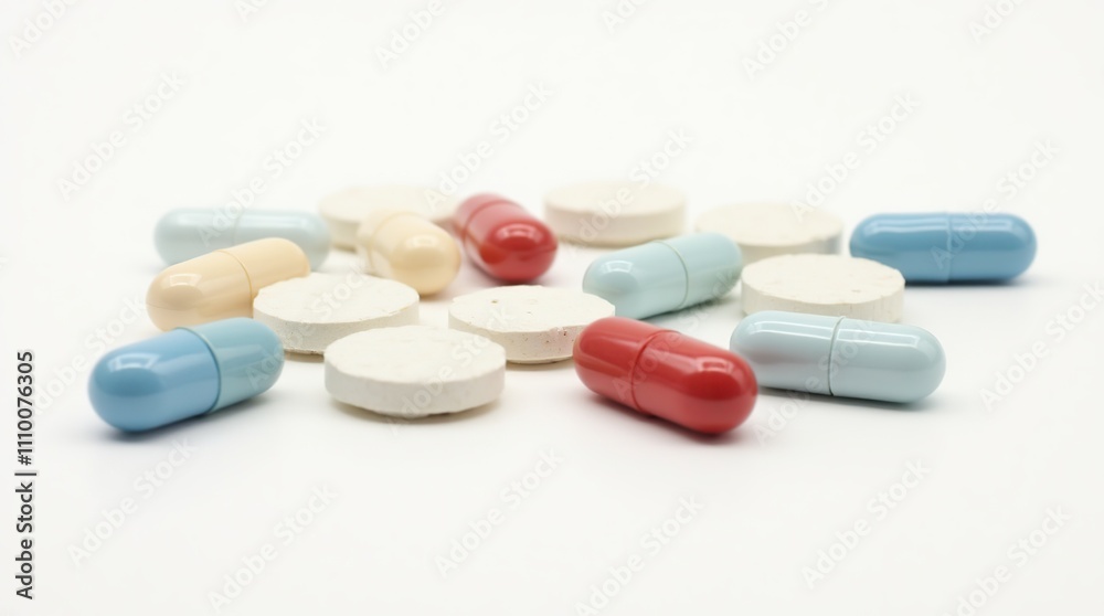 Assorted Pills and Tablets on White Background for Healthcare Concept Assorted Pills and Tablets on White Background for Healthcare Concept