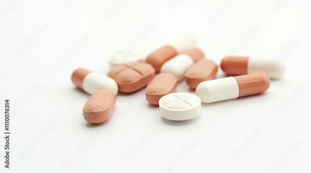 Assorted Pills and Capsules on a White Background Assorted Pills and Capsules on a White Background
