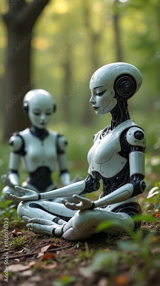 Two Cyborgs Meditate in Tranquil Outdoor Setting Two Cyborgs Meditate in Tranquil Outdoor Setting