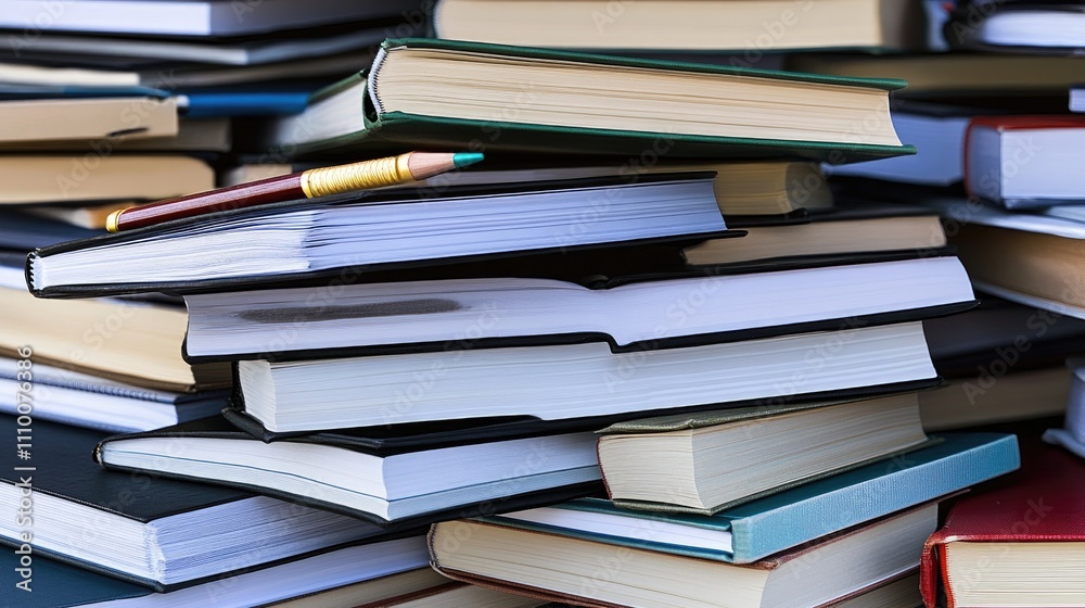 Stacked Books with a Pencil on Top for Study and Education Purposes Stacked Books with a Pencil on Top for Study and Education Purposes