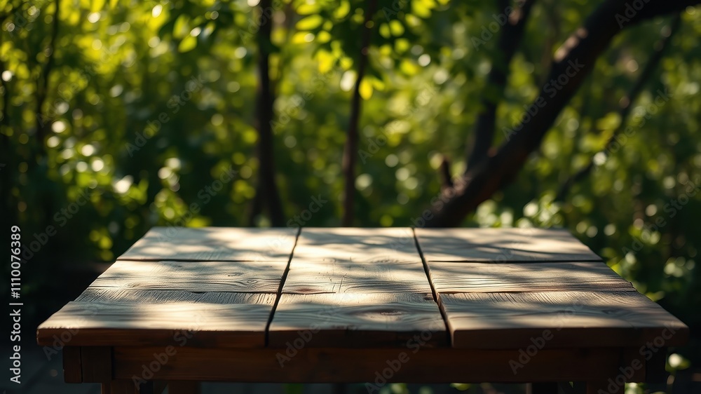 Wooden Tabletop with Sunlight Casting Shadows on a Natural Green Background Wooden Tabletop with Sunlight Casting Shadows on a Natural Green Background