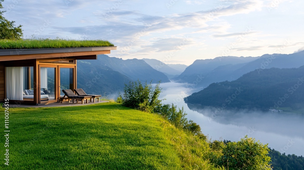 Nordic house landscape concept. A modern cabin overlooks a serene river valley, surrounded by lush greenery and misty mountains under a clear sky. Nordic house landscape concept. A modern cabin overlooks a serene river valley, surrounded by lush greenery and misty mountains under a clear sky.