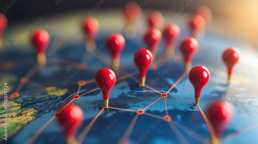 3D globe with red pins marking locations around the world 3D globe with red pins marking locations around the world