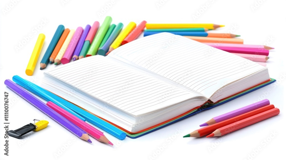 Blank Open Notebook Surrounded by Colorful Pencils and Supplies Blank Open Notebook Surrounded by Colorful Pencils and Supplies