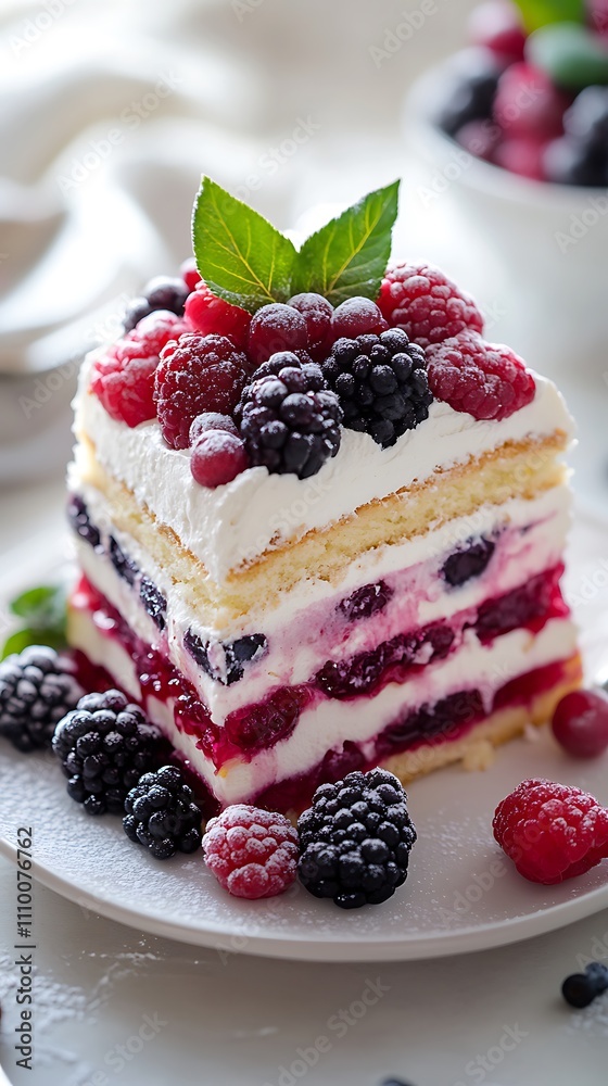 Delicious cake with berries and whipped cream on a light background.