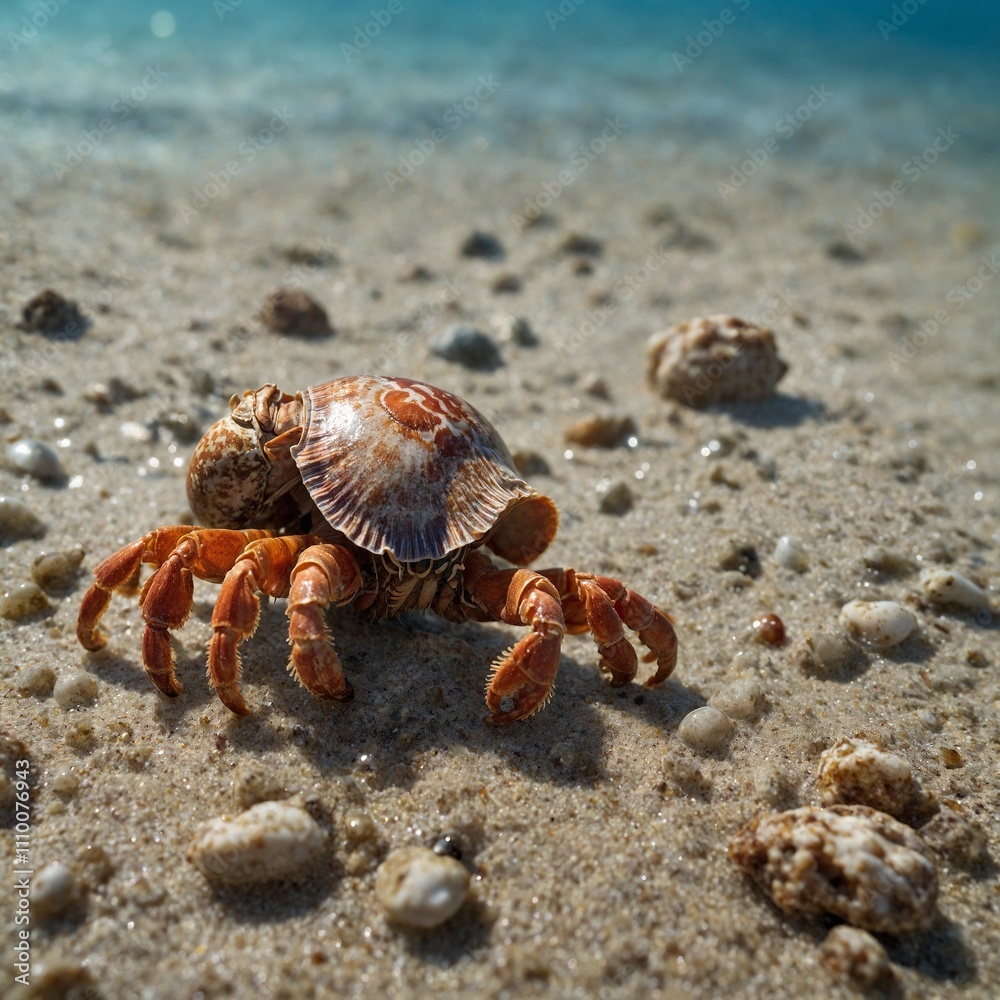 A hermit crab scuttling along the seabed with its shell glinting in sunlight.
A hermit crab scuttling along the seabed with its shell glinting in sunlight.