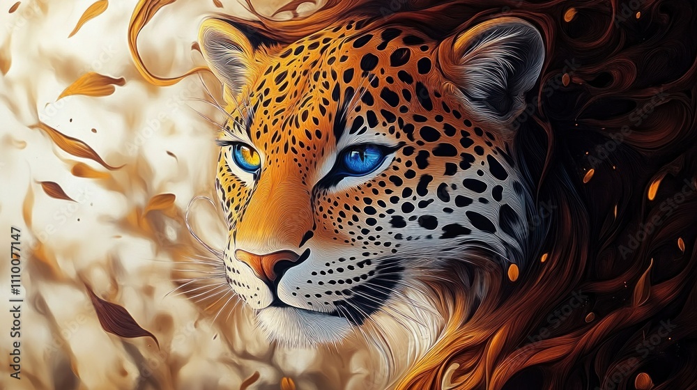 Majestic Leopard Portrait with Striking Blue Eyes and Flowing Mane in a Natural Setting Majestic Leopard Portrait with Striking Blue Eyes and Flowing Mane in a Natural Setting