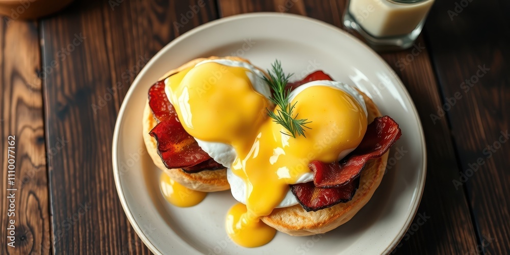 A Close-Up of a Delicious English Muffin Topped with Poached Eggs, Crispy Bacon, and a Rich Hollandaise Sauce A Close-Up of a Delicious English Muffin Topped with Poached Eggs, Crispy Bacon, and a Rich Hollandaise Sauce