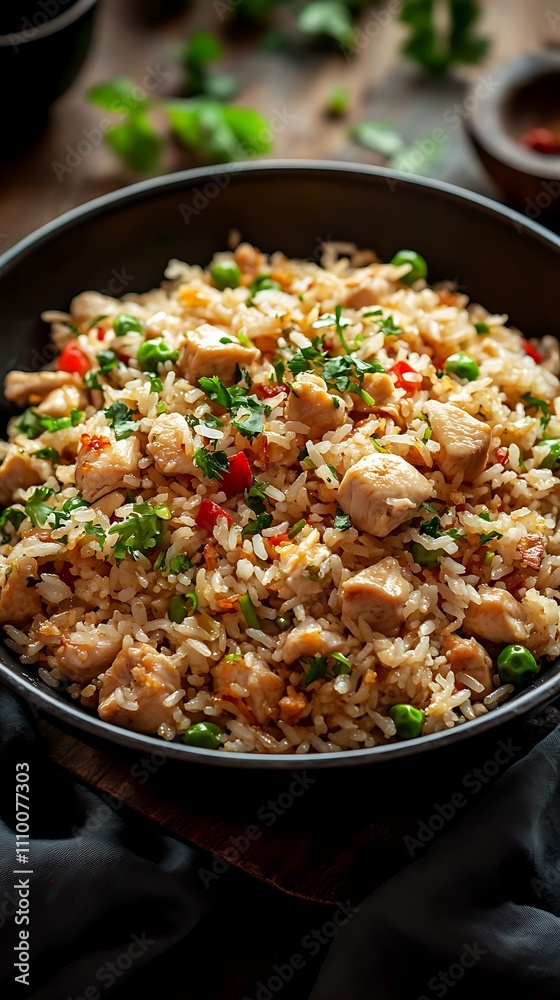 Fried rice with chicken and vegetables in a frying pan on a dark wooden background Fried rice with chicken and vegetables in a frying pan on a dark wooden background