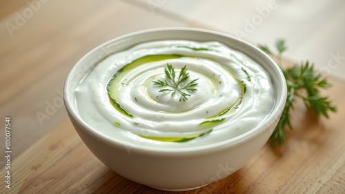 Creamy Yogurt Dip with Cucumber and Herbs in a White Bowl on a Wooden Surface