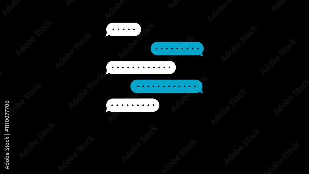 Animation of white and blue chat bubbles exchanging messages on a transparent background. Ideal for communication, social media or messaging app themes.