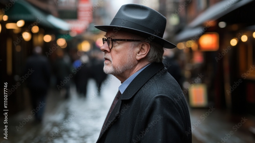 older man dressed in a formal coat and hat strolls through a bustling market street on a rainy day, capturing the essence of urban exploration and classic style among the crowd older man dressed in a formal coat and hat strolls through a bustling market street on a rainy day, capturing the essence of urban exploration and classic style among the crowd