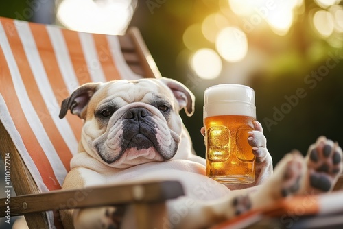 Cute Relaxing Bulldog Enjoys Refreshing Beer in Sunlight on a Summer Day photo