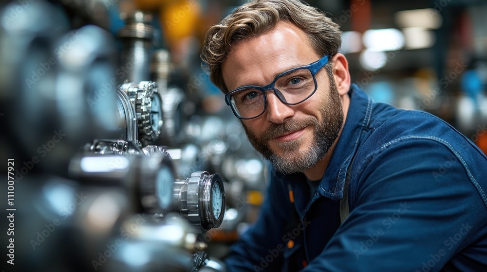man with stylish glasses leans against machinery in a workshop. His warm smile reflects his passion for engineering in a bustling environment filled with various tools and equipment
