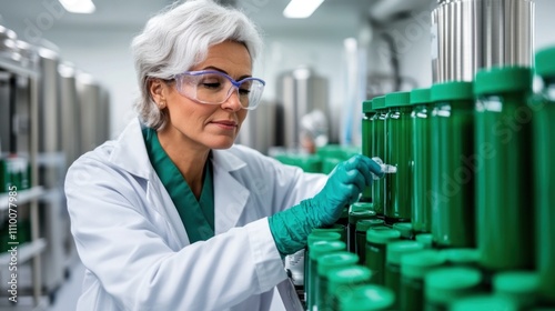 scientist with grey hair meticulously examines samples in a modern laboratory filled with green containers, focusing on research related to sustainable bioproducts and environmental science photo